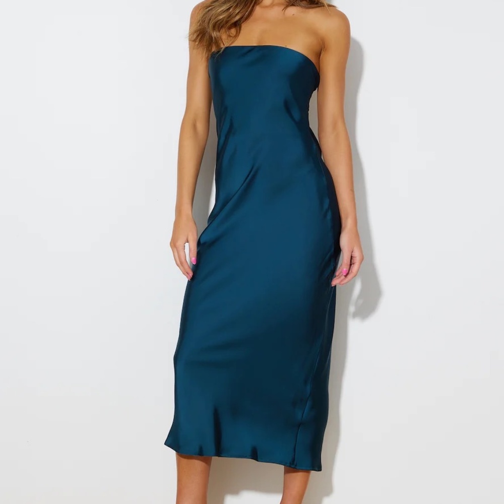 ENVIOUS LIES SATIN MIDI DRESS TEAL